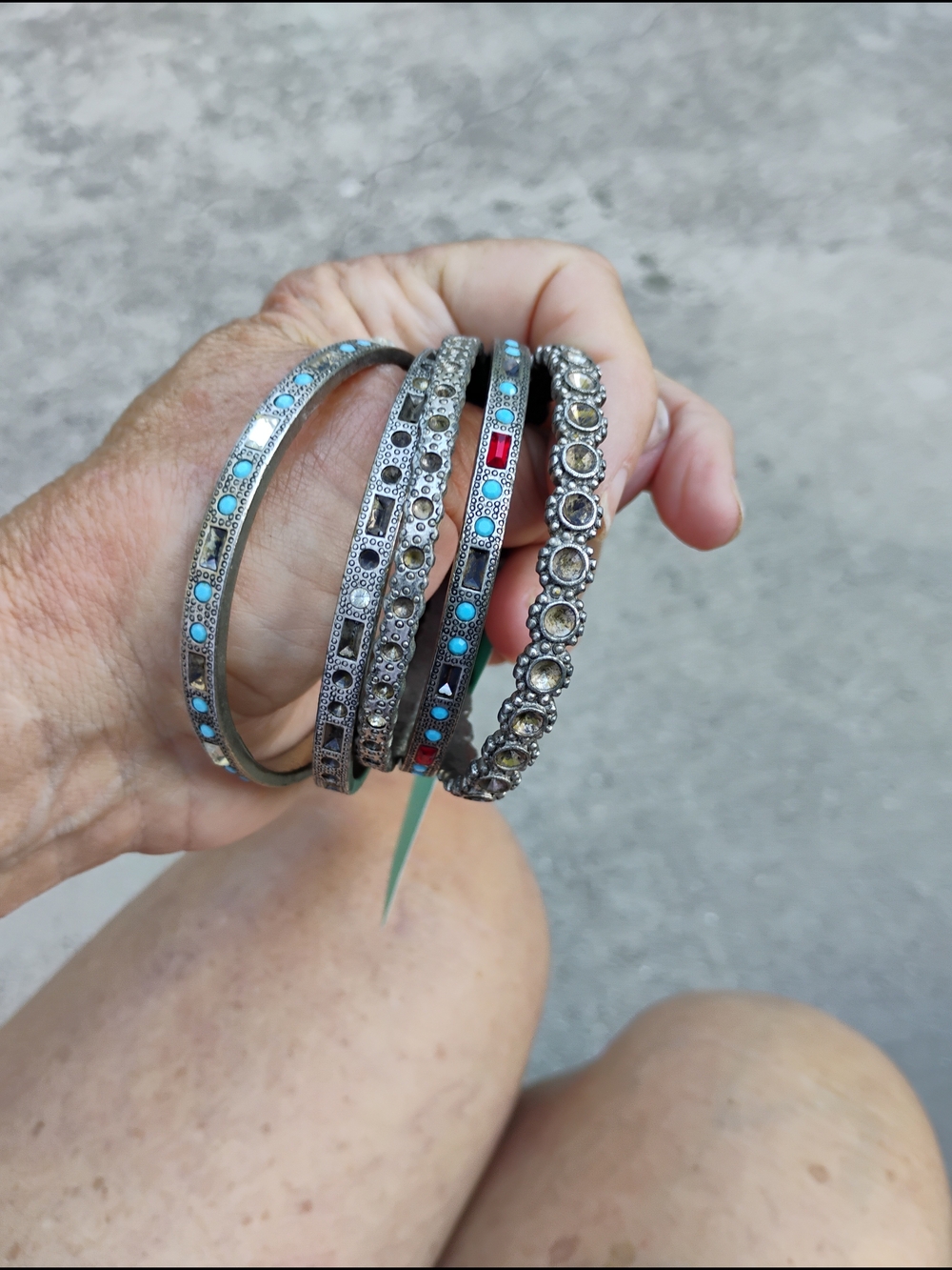 Silver-Tone Turquoise & Red Accent Bangle Bracelet Set (5 Bangles)